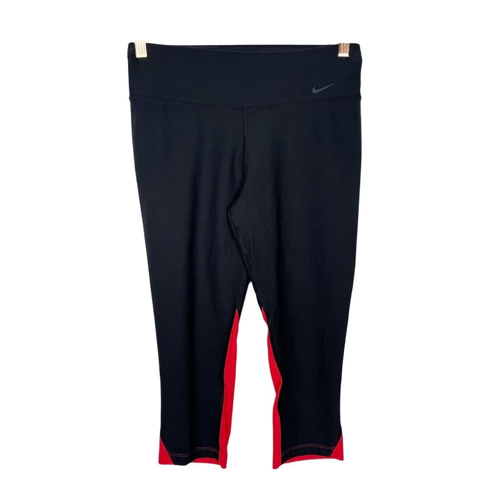 Nike Womens Medium M Black Red Dri Fit Cropped Capri Leggings Workout Activewear